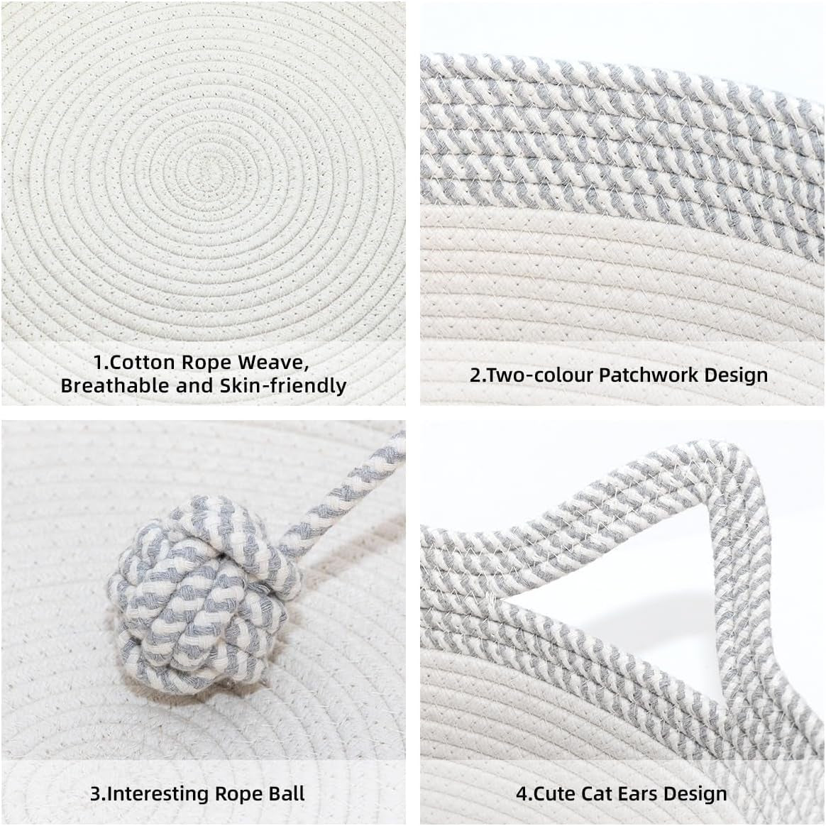 Cozy Hand Woven Cat Bed Basket with Toy Tail - Foldable Cotton Rope Sleeping House for Cats, Puppies, Rabbits & Small Pets (Medium, Gray & White)
