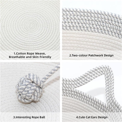 Cozy Hand Woven Cat Bed Basket with Toy Tail - Foldable Cotton Rope Sleeping House for Cats, Puppies, Rabbits & Small Pets (Medium, Gray & White)