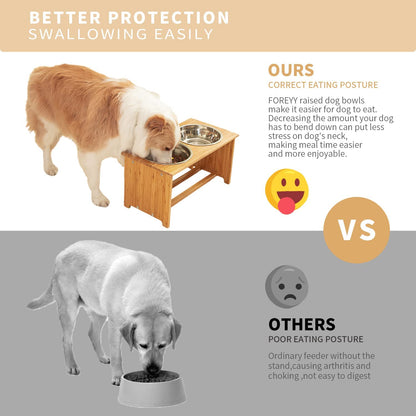 Elevated Bamboo Pet Bowls for Cats & Small Dogs - Stylish 4'' Tall Feeder with 2 Stainless Steel Bowls & Anti-Slip Feet