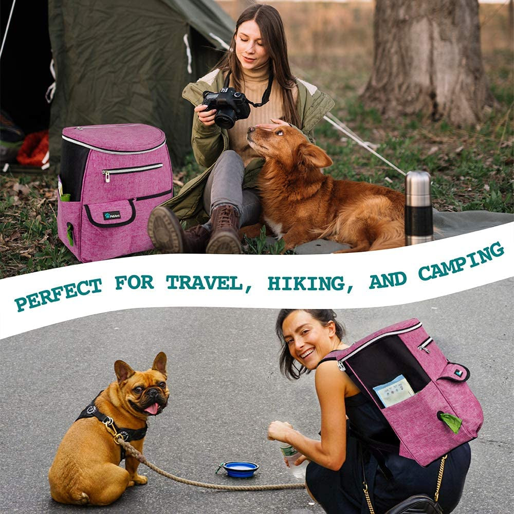Airline Approved Dog Travel Backpack - Ultimate Pet Camping & Hiking Bag with Food Container, Collapsible Bowls, and Diaper Supplies - Perfect Gift for Dog Moms in Pink!