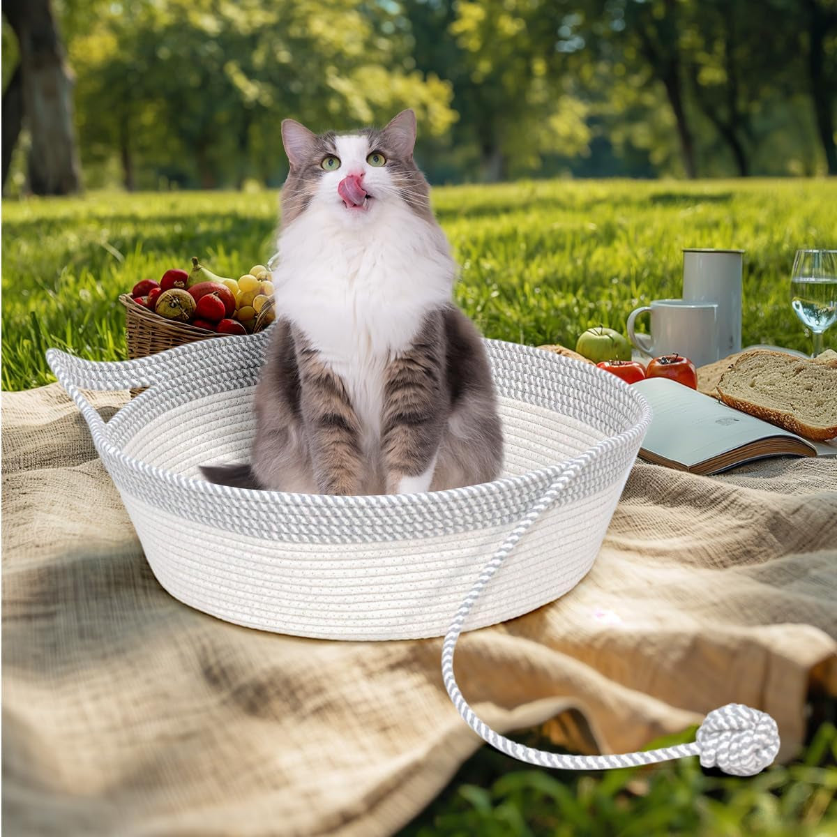 Cozy Hand Woven Cat Bed Basket with Toy Tail - Foldable Cotton Rope Sleeping House for Cats, Puppies, Rabbits & Small Pets (Medium, Gray & White)
