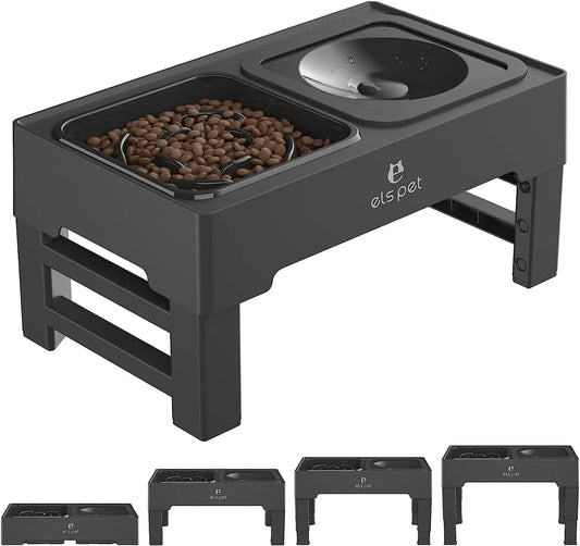 Adjustable Elevated Slow Feeder Dog Bowl with No-Spill Water Dish - Perfect for Small to Large Dogs!