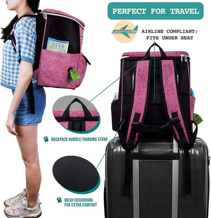 Airline Approved Dog Travel Backpack - Ultimate Pet Camping & Hiking Bag with Food Container, Collapsible Bowls, and Diaper Supplies - Perfect Gift for Dog Moms in Pink!