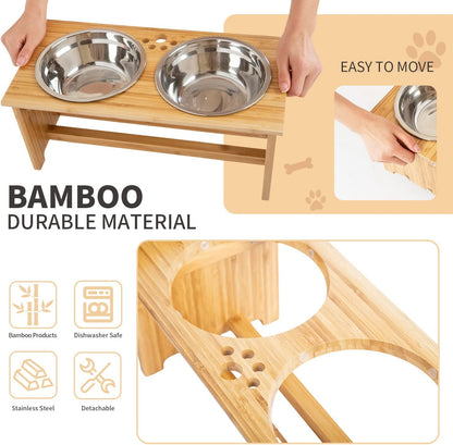 Elevated Bamboo Pet Bowls for Cats & Small Dogs - Stylish 4'' Tall Feeder with 2 Stainless Steel Bowls & Anti-Slip Feet