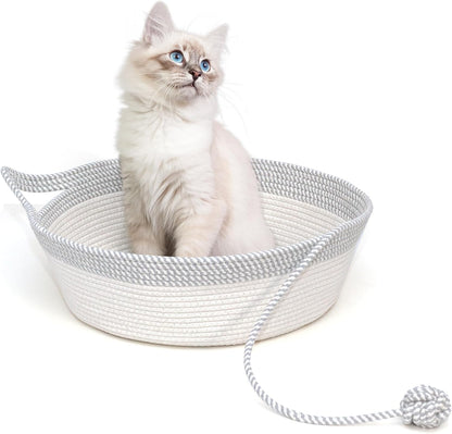 Cozy Hand Woven Cat Bed Basket with Toy Tail - Foldable Cotton Rope Sleeping House for Cats, Puppies, Rabbits & Small Pets (Medium, Gray & White)