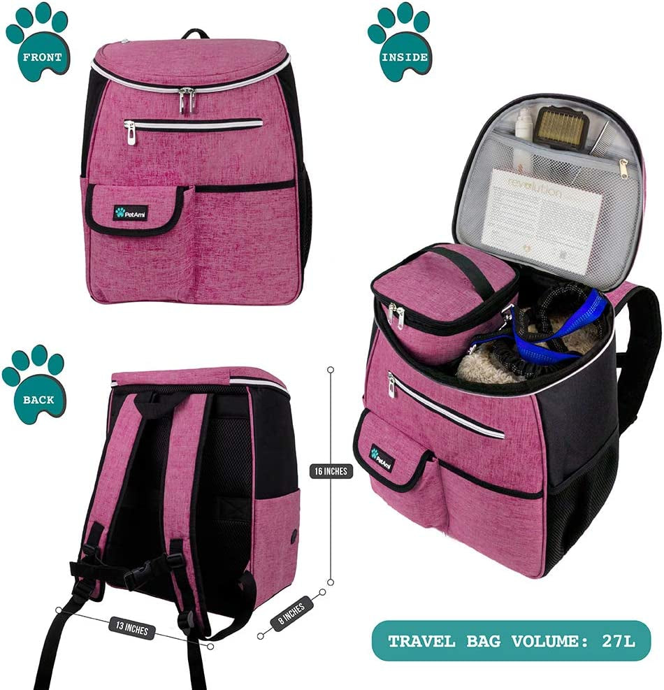 Airline Approved Dog Travel Backpack - Ultimate Pet Camping & Hiking Bag with Food Container, Collapsible Bowls, and Diaper Supplies - Perfect Gift for Dog Moms in Pink!
