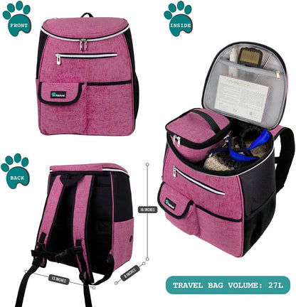 Airline Approved Dog Travel Backpack - Ultimate Pet Camping & Hiking Bag with Food Container, Collapsible Bowls, and Diaper Supplies - Perfect Gift for Dog Moms in Pink!