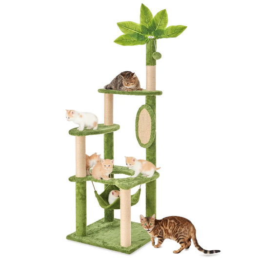Charming Cat Tree with Green Leaves - Cozy Plush Condo & Scratching Posts for Indoor Cats - Perfect Mother's Day Gift!