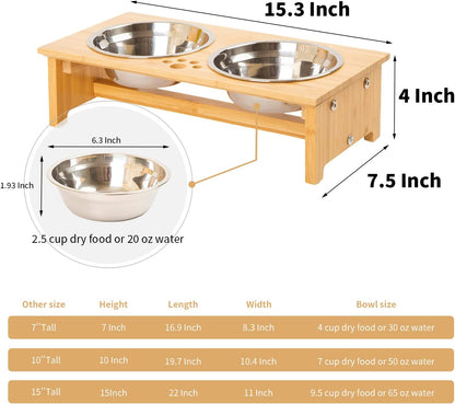 Elevated Bamboo Pet Bowls for Cats & Small Dogs - Stylish 4'' Tall Feeder with 2 Stainless Steel Bowls & Anti-Slip Feet