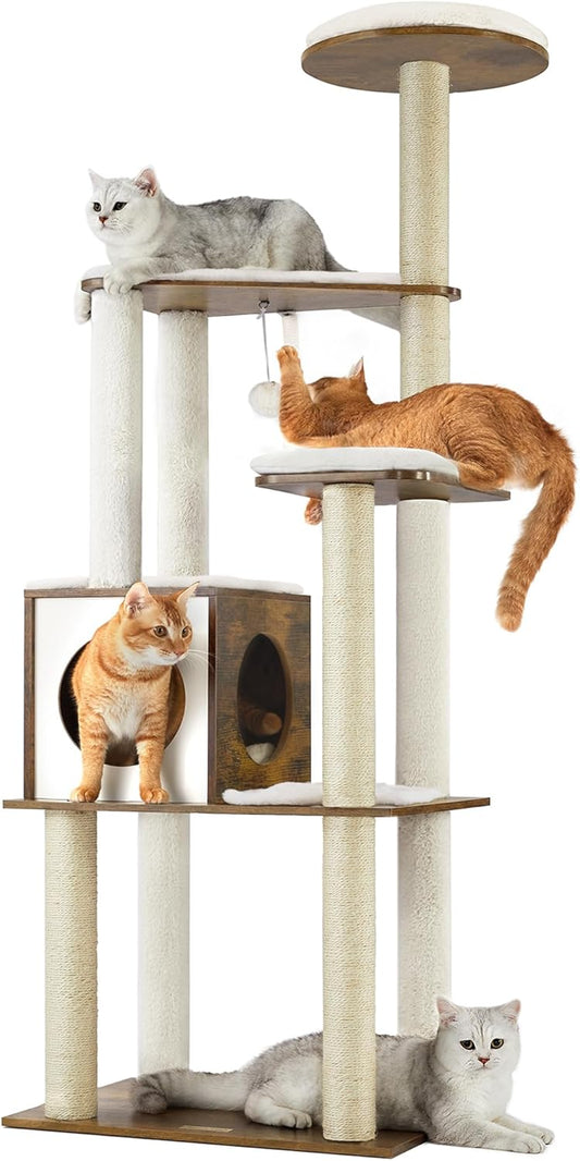 Deluxe 64.6-Inch Modern Cat Tree Tower with 5 Scratching Posts, Cozy Perch, Cave, and Washable Cushions - Rustic Brown