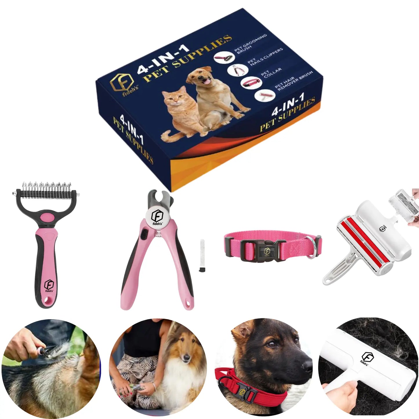 Ultimate Pet Grooming Kit: 4-in-1 Hair Remover Brush, Double-Sided Shedding Tool, Nail Clippers, and Adjustable Collar for Dogs & Cats - Stylish Pink Set