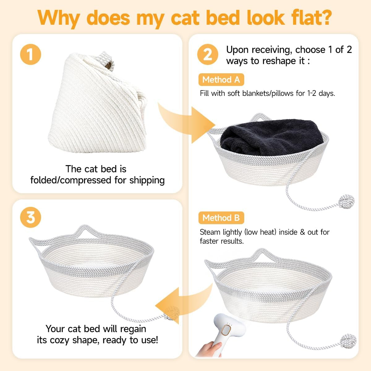 Cozy Hand Woven Cat Bed Basket with Toy Tail - Foldable Cotton Rope Sleeping House for Cats, Puppies, Rabbits & Small Pets (Medium, Gray & White)