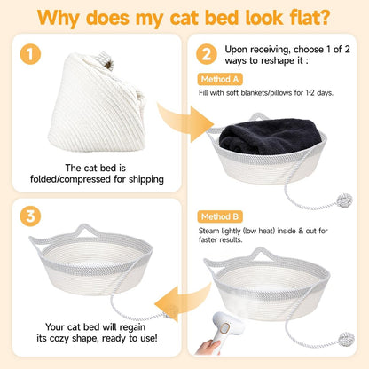 Cozy Hand Woven Cat Bed Basket with Toy Tail - Foldable Cotton Rope Sleeping House for Cats, Puppies, Rabbits & Small Pets (Medium, Gray & White)