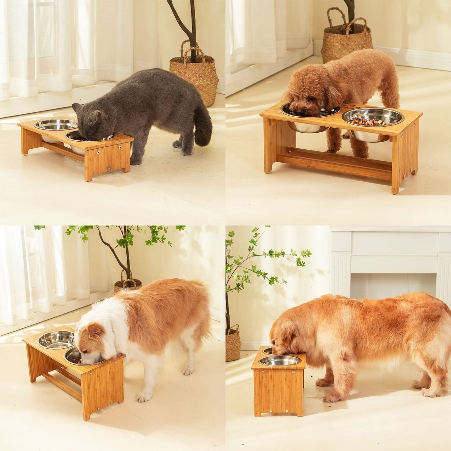 Elevated Bamboo Pet Bowls for Cats & Small Dogs - Stylish 4'' Tall Feeder with 2 Stainless Steel Bowls & Anti-Slip Feet