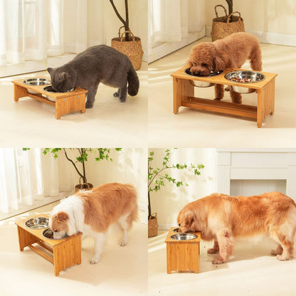 Elevated Bamboo Pet Bowls for Cats & Small Dogs - Stylish 4'' Tall Feeder with 2 Stainless Steel Bowls & Anti-Slip Feet