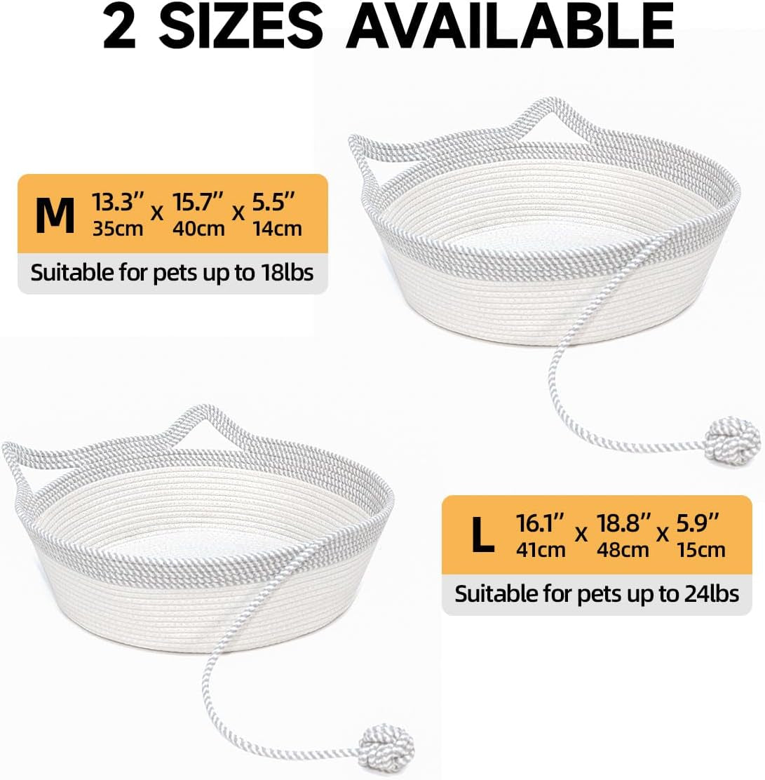 Cozy Hand Woven Cat Bed Basket with Toy Tail - Foldable Cotton Rope Sleeping House for Cats, Puppies, Rabbits & Small Pets (Medium, Gray & White)