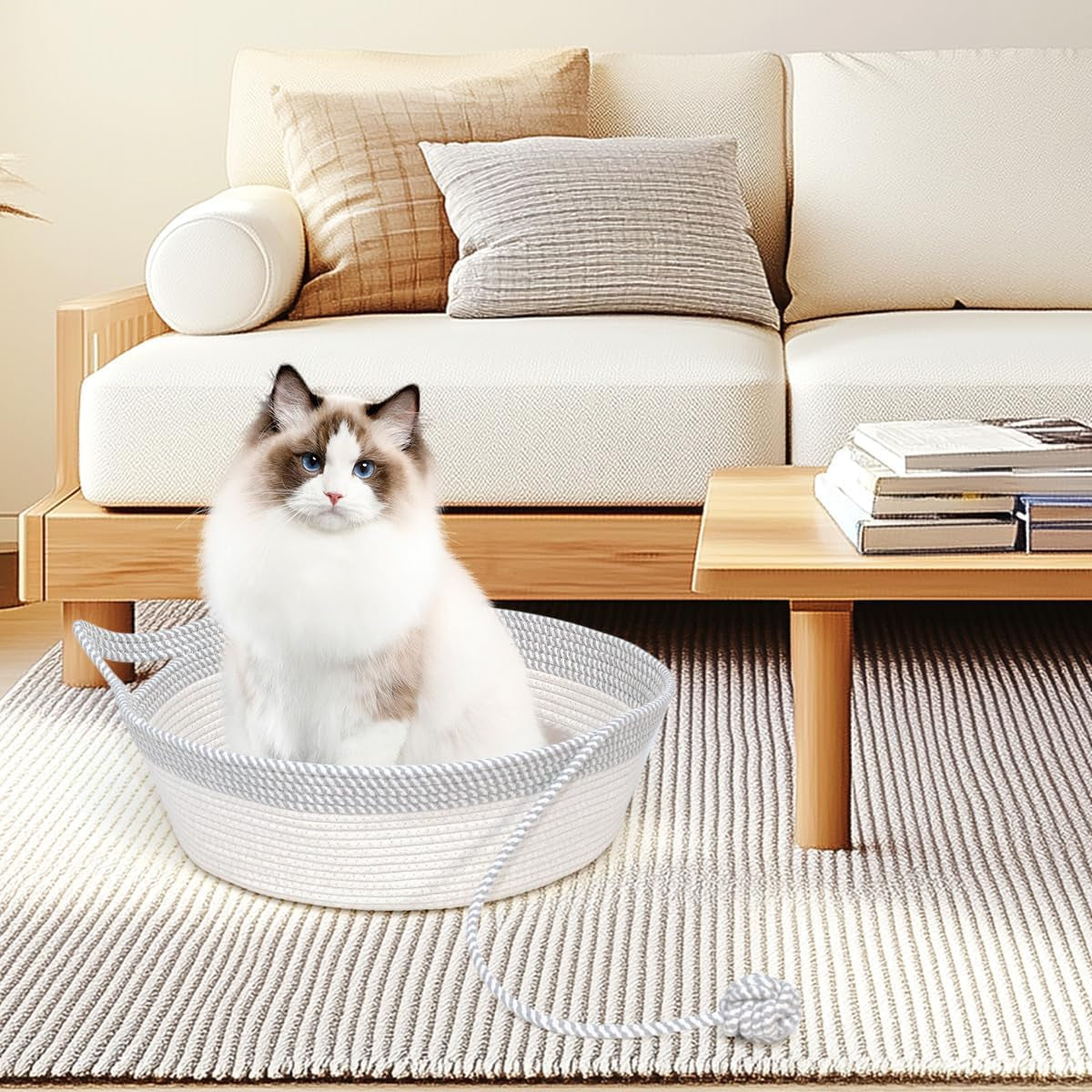 Cozy Hand Woven Cat Bed Basket with Toy Tail - Foldable Cotton Rope Sleeping House for Cats, Puppies, Rabbits & Small Pets (Medium, Gray & White)