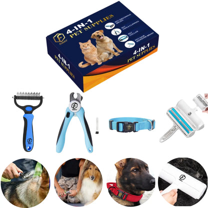 Ultimate Pet Grooming Kit: 4-in-1 Hair Remover Brush, Double-Sided Shedding Tool, Nail Clippers, and Adjustable Collar for Dogs & Cats - Stylish Pink Set