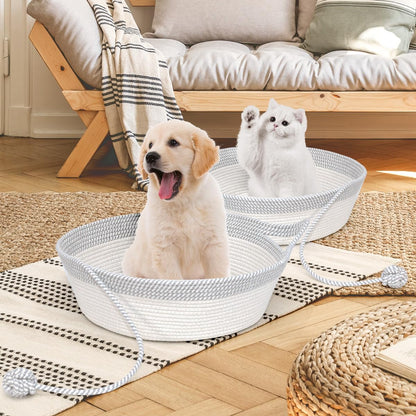Cozy Hand Woven Cat Bed Basket with Toy Tail - Foldable Cotton Rope Sleeping House for Cats, Puppies, Rabbits & Small Pets (Medium, Gray & White)