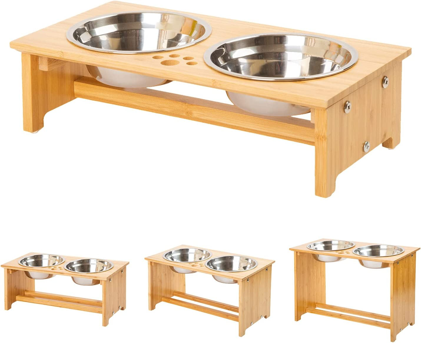 Elevated Bamboo Pet Bowls for Cats & Small Dogs - Stylish 4'' Tall Feeder with 2 Stainless Steel Bowls & Anti-Slip Feet