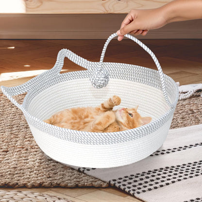 Cozy Hand Woven Cat Bed Basket with Toy Tail - Foldable Cotton Rope Sleeping House for Cats, Puppies, Rabbits & Small Pets (Medium, Gray & White)