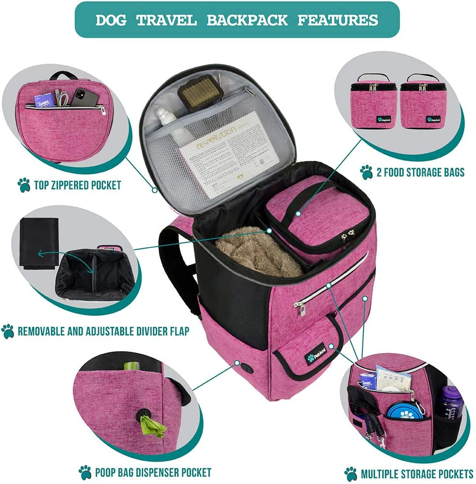 Airline Approved Dog Travel Backpack - Ultimate Pet Camping & Hiking Bag with Food Container, Collapsible Bowls, and Diaper Supplies - Perfect Gift for Dog Moms in Pink!