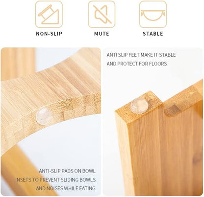 Elevated Bamboo Pet Bowls for Cats & Small Dogs - Stylish 4'' Tall Feeder with 2 Stainless Steel Bowls & Anti-Slip Feet