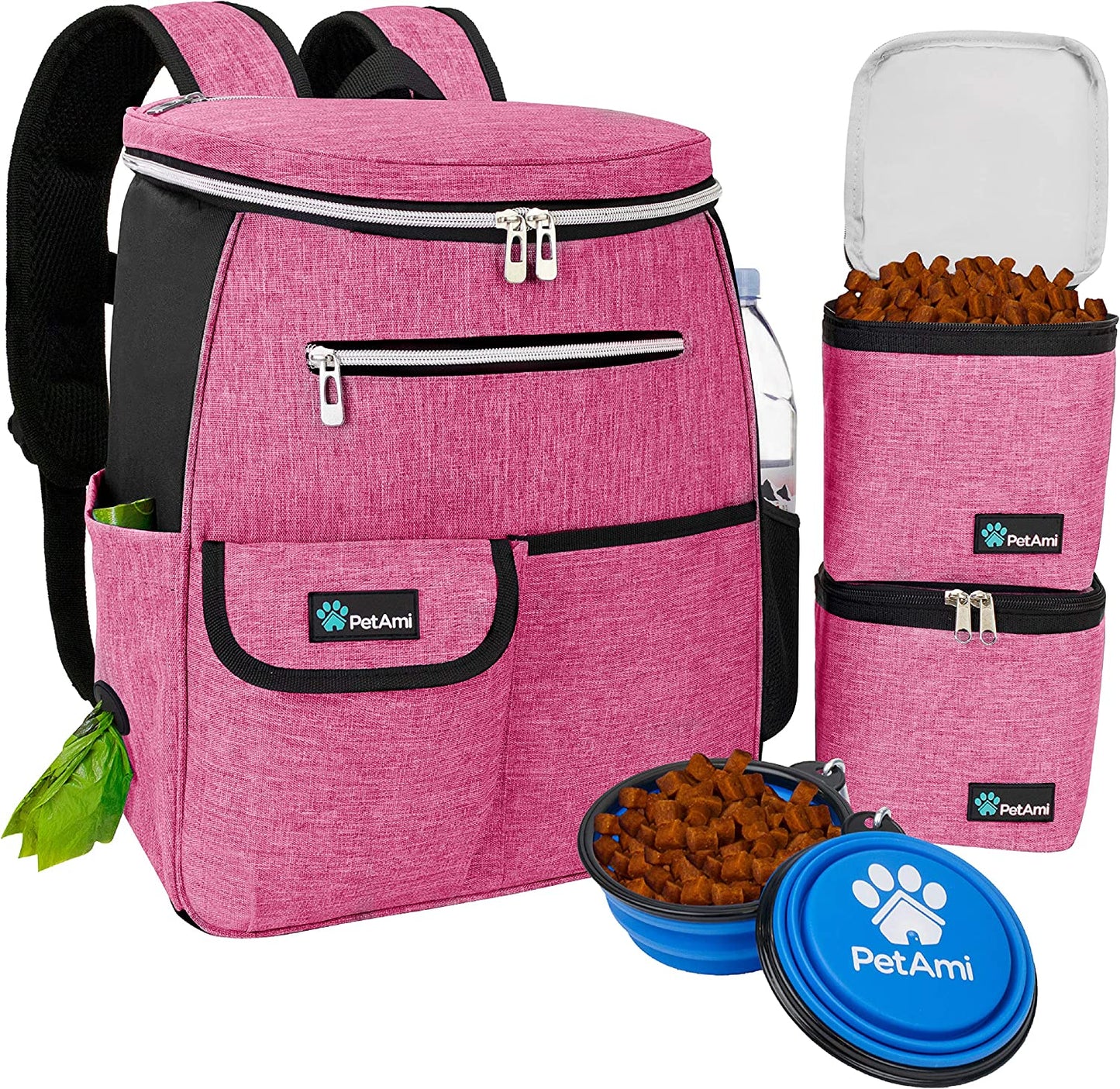 Airline Approved Dog Travel Backpack - Ultimate Pet Camping & Hiking Bag with Food Container, Collapsible Bowls, and Diaper Supplies - Perfect Gift for Dog Moms in Pink!