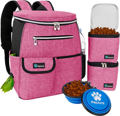 Airline Approved Dog Travel Backpack - Ultimate Pet Camping & Hiking Bag with Food Container, Collapsible Bowls, and Diaper Supplies - Perfect Gift for Dog Moms in Pink!