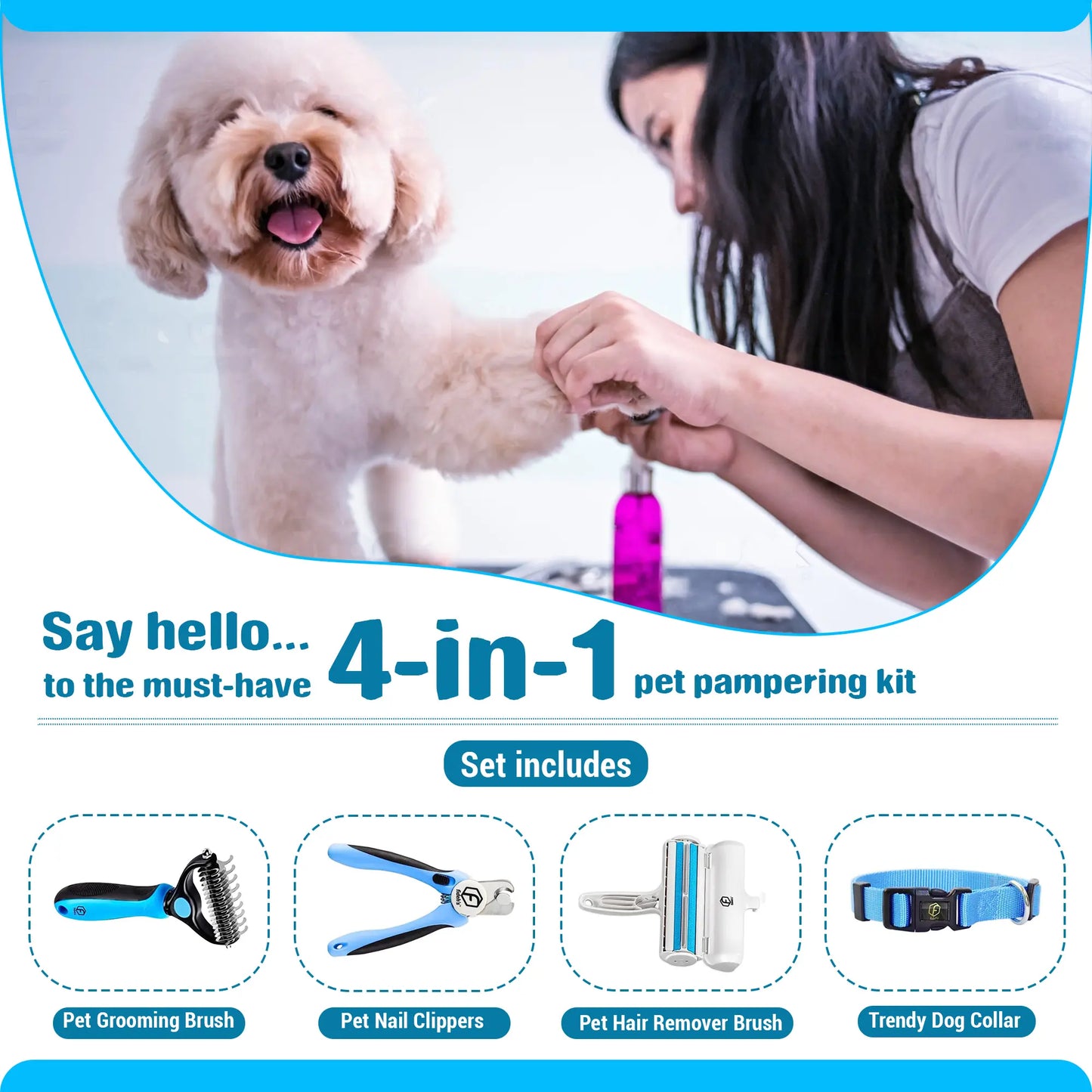 Ultimate Pet Grooming Kit: 4-in-1 Hair Remover Brush, Double-Sided Shedding Tool, Nail Clippers, and Adjustable Collar for Dogs & Cats - Stylish Pink Set