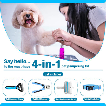 Ultimate Pet Grooming Kit: 4-in-1 Hair Remover Brush, Double-Sided Shedding Tool, Nail Clippers, and Adjustable Collar for Dogs & Cats - Stylish Pink Set